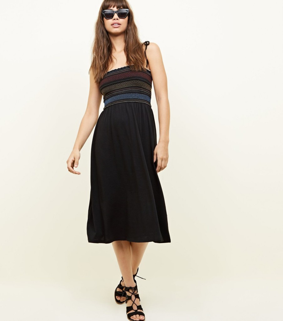 nl-black-contrast-stitch-shirred-midi-dress