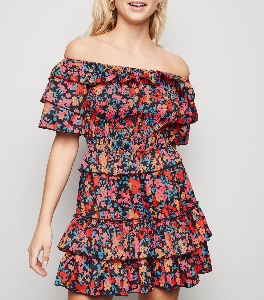 newlook-parisian-multicoloured-floral-frill-trim-bardot-dress